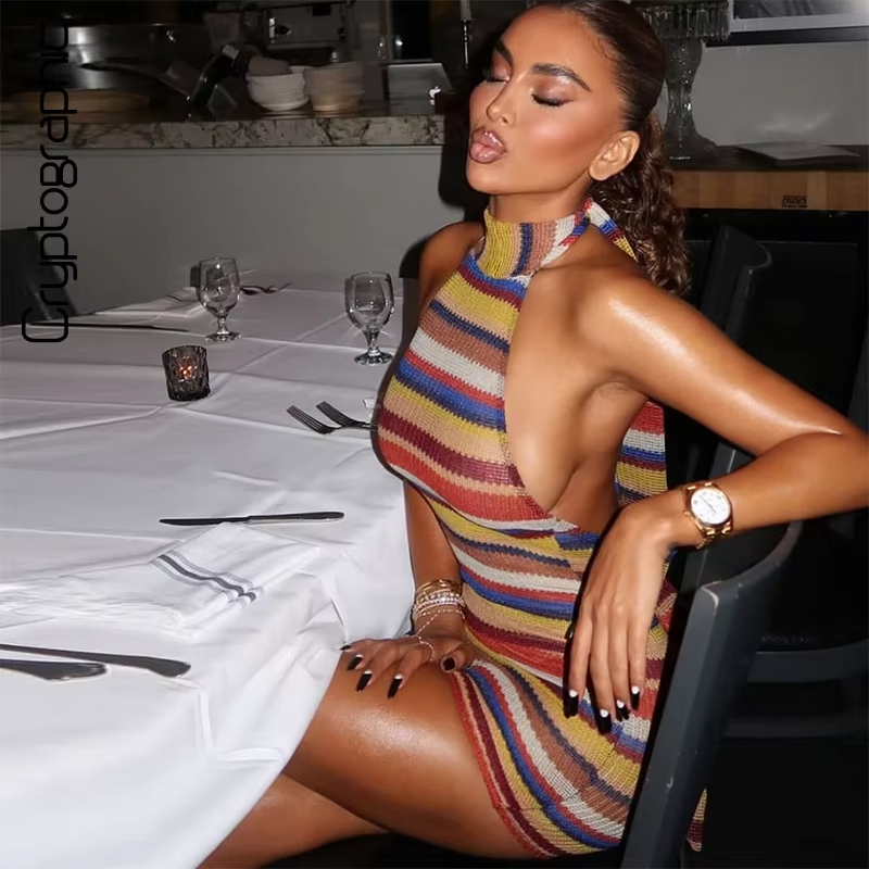 Y2K Backless Halter Mini Dress - Gestreiftes Strick-Neckholder-Minikleid Farbenfroher Kontrast Ärmellos Rückenfrei