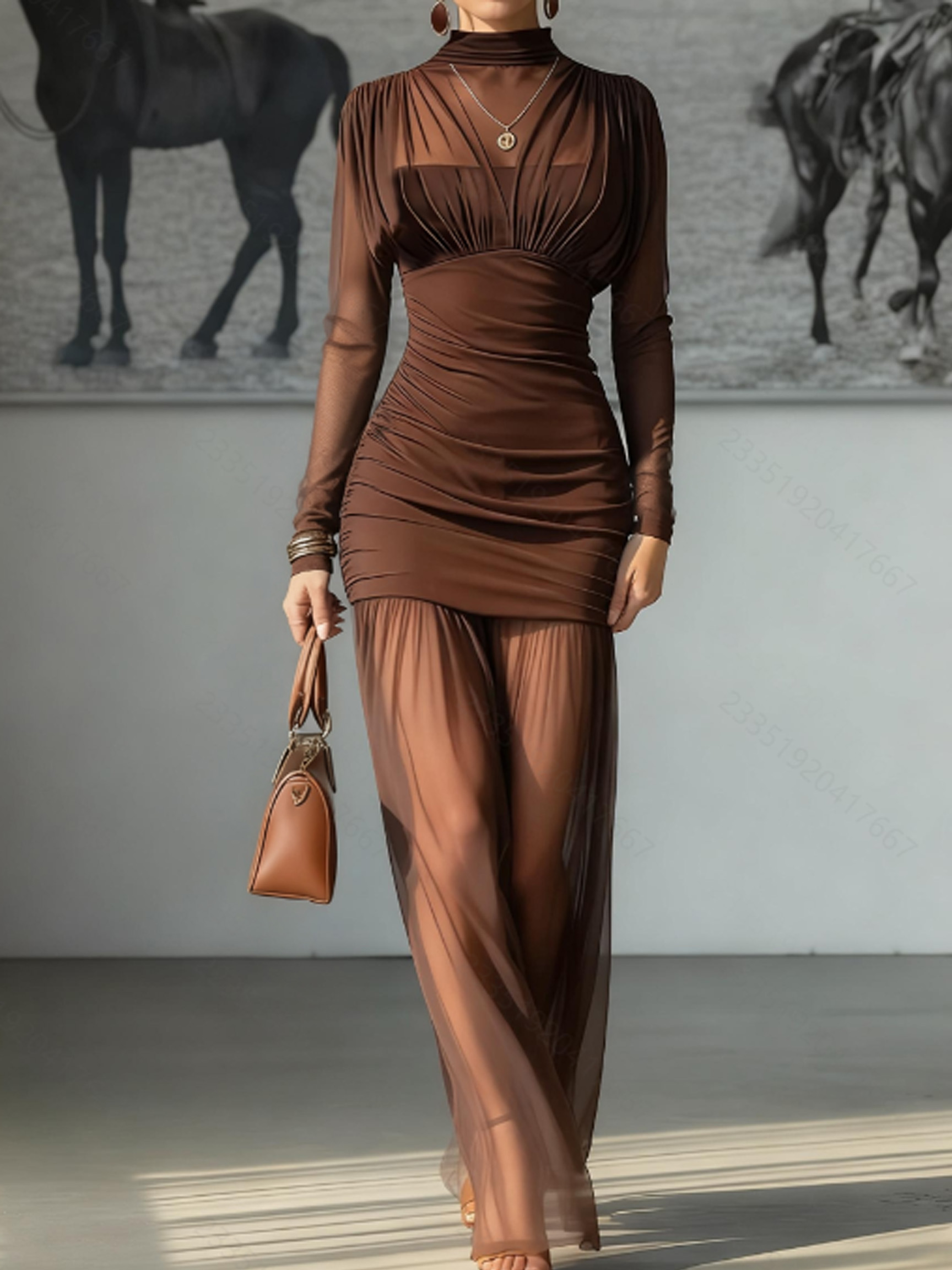 Sexy Mesh Sheer Bodycon Dress - Elegantes, transparentes, langärmliges, hochgeschlossenes, gerafftes Bodycon-Kleid