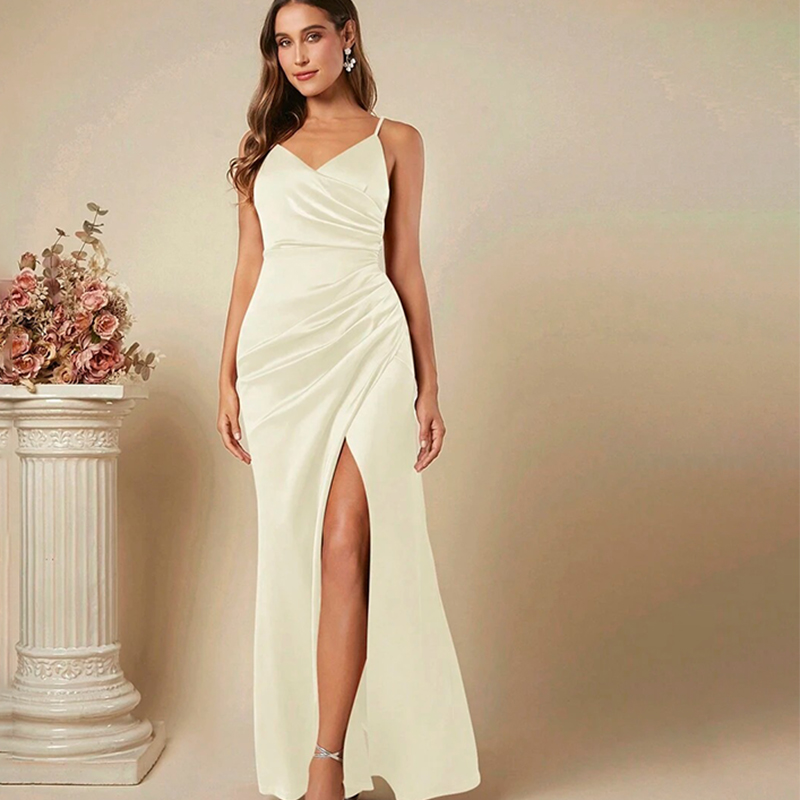 Elegant Satin Evening Gown Split - Frauen Elegante Satin Hosenträger Kleid 2023
