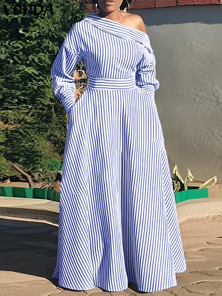 Off Shoulder Puff Sleeve Sundress - Vonda 2024 Frauen elegant gestreiftes Maxi
