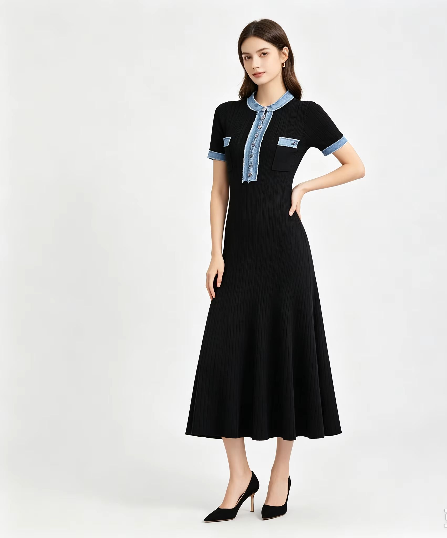 Bodycon Long Sleeve Ribbed Dress - Geripptes Strick-Meerjungfrauenkleid mit kurzen Ärmeln, Stehkragen,