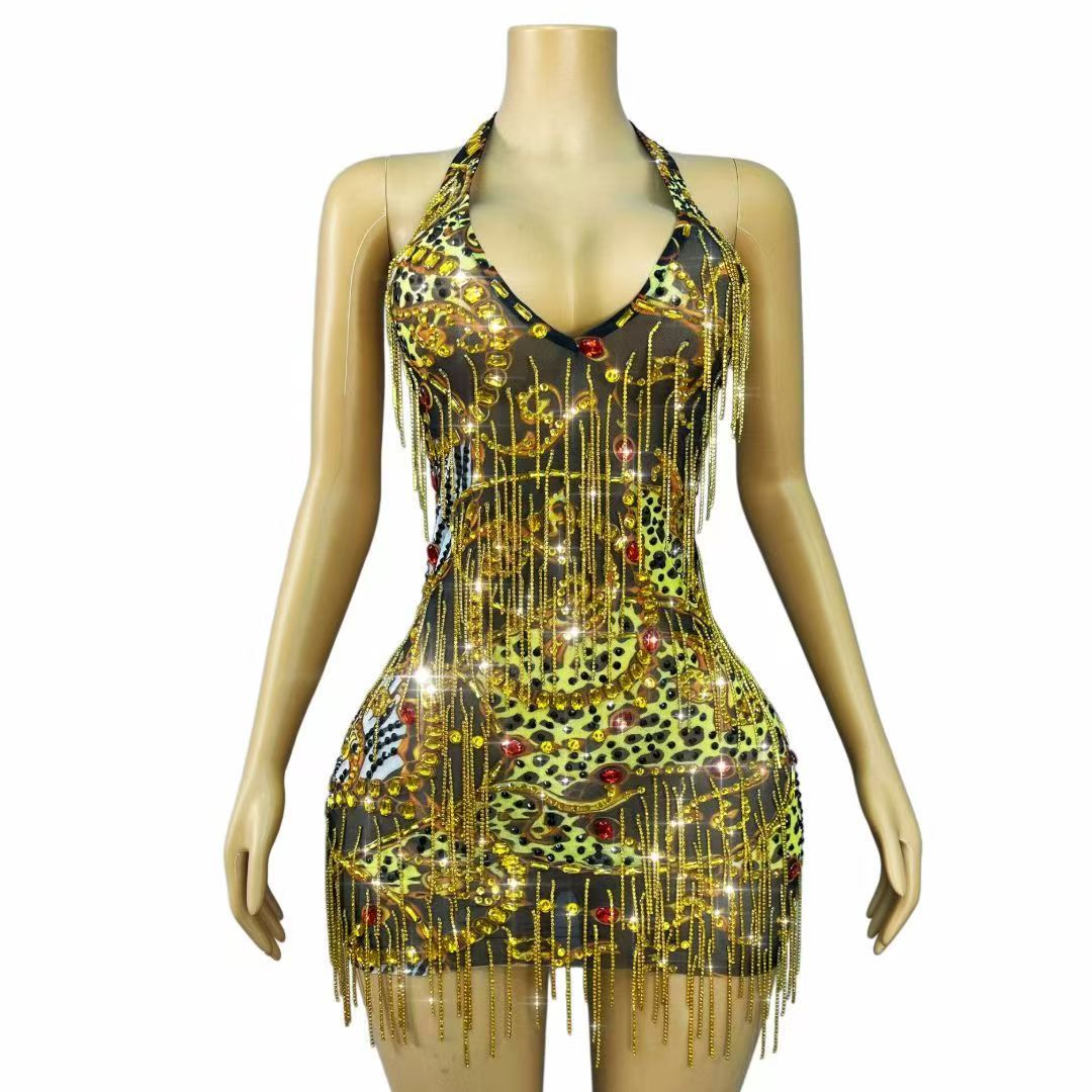 Sparkly Rhinestone Club Party Dress - Glitzerndes Gold-Strass-Ketten-Bodycon-Minikleid mit Neckholder und V-Ausschnitt