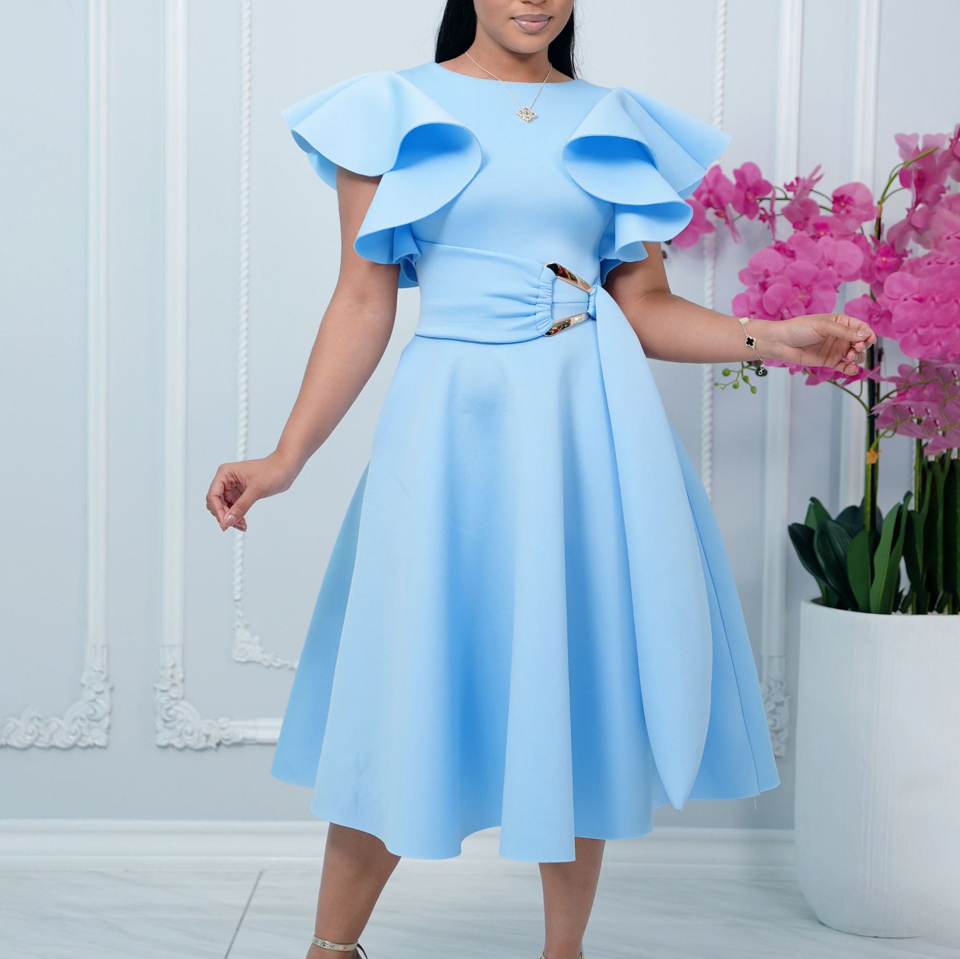 French Vintage Floral Midi Dress - Damenkleid Mittellang A-Linie Vestidos Y2k Streetwear