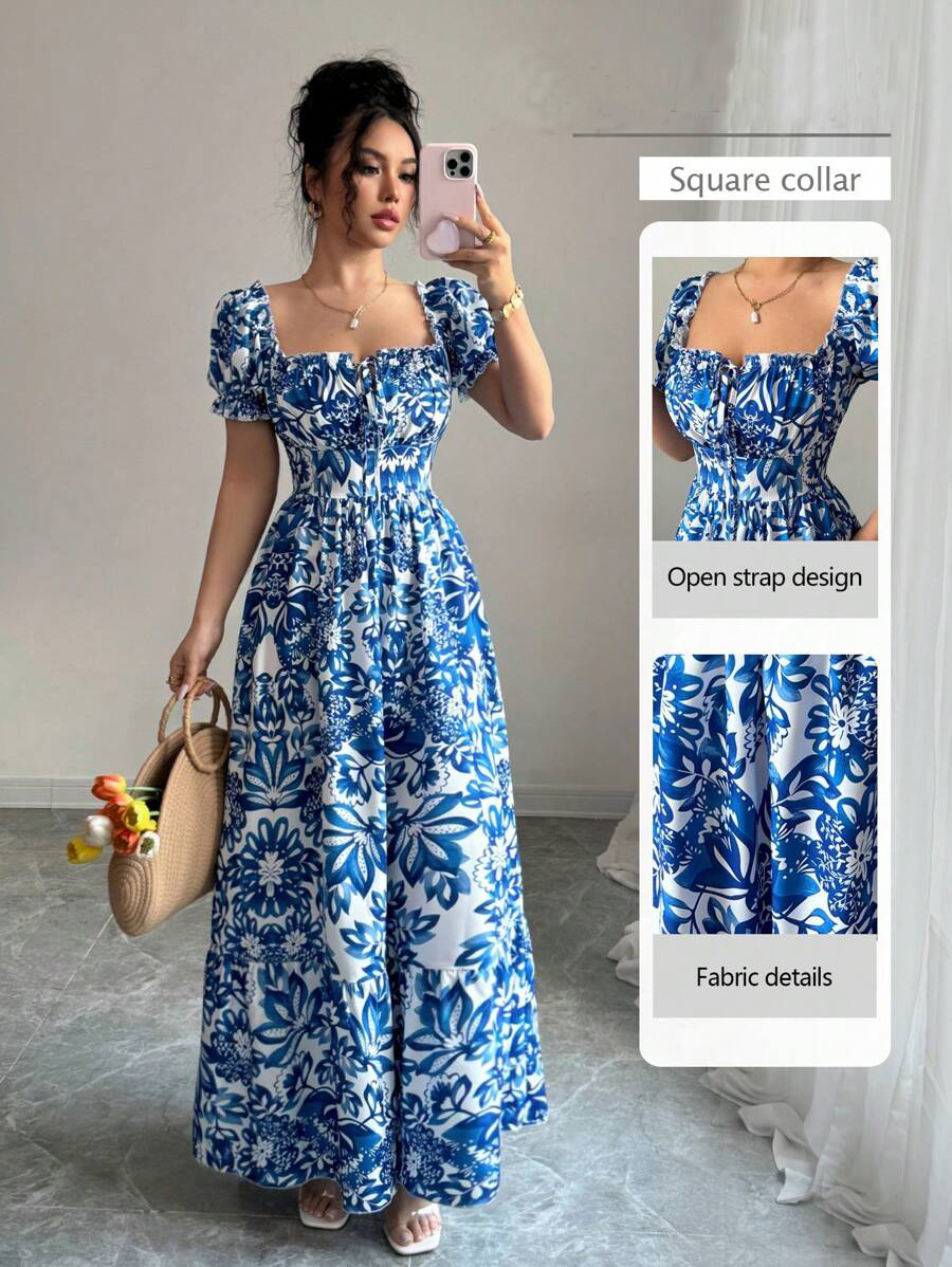 French Vintage Floral Midi Dress - Elegantes blaues Blumenprint-Kleid für Damen mit