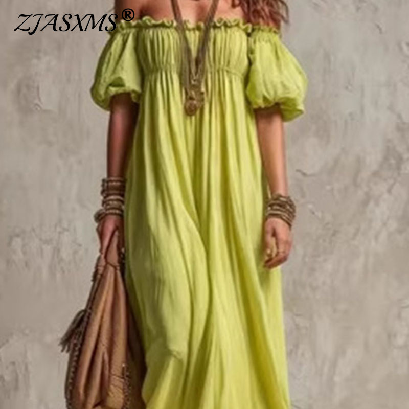 Off Shoulder Puff Sleeve Sundress - Damen Elastische Taille Lässiges Urlaubskleid Mode