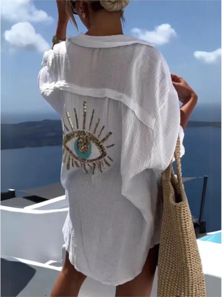 Casual Loose Linen Shirt Dress - Sommerliches Freizeitkleid mit Pailletten und Augenmuster