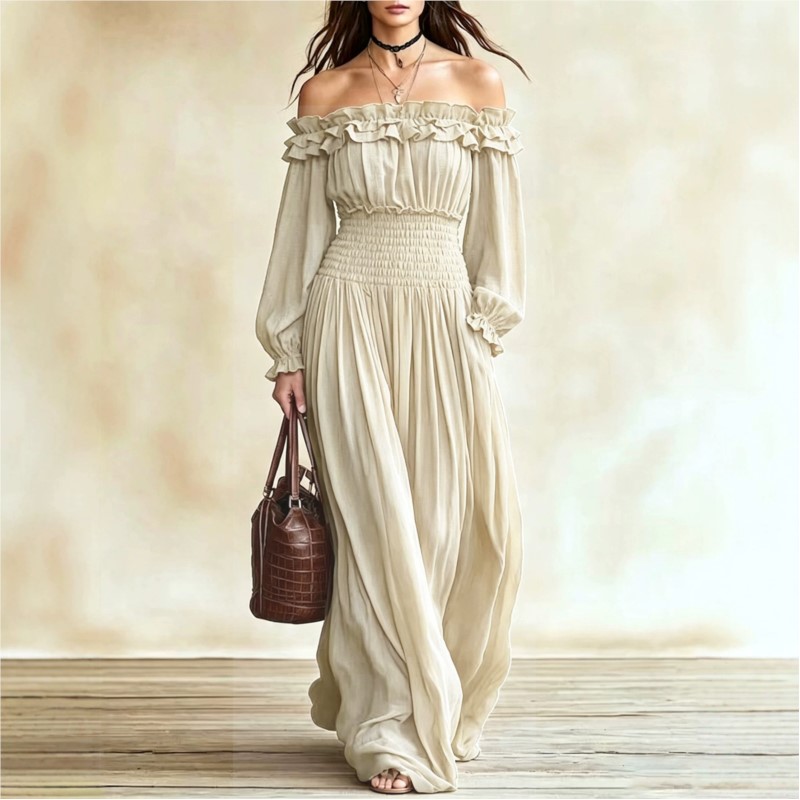 Off Shoulder Puff Sleeve Sundress - Damen Off-Shoulder Rüschen-Maxikleid mit langen Laternenärmeln,