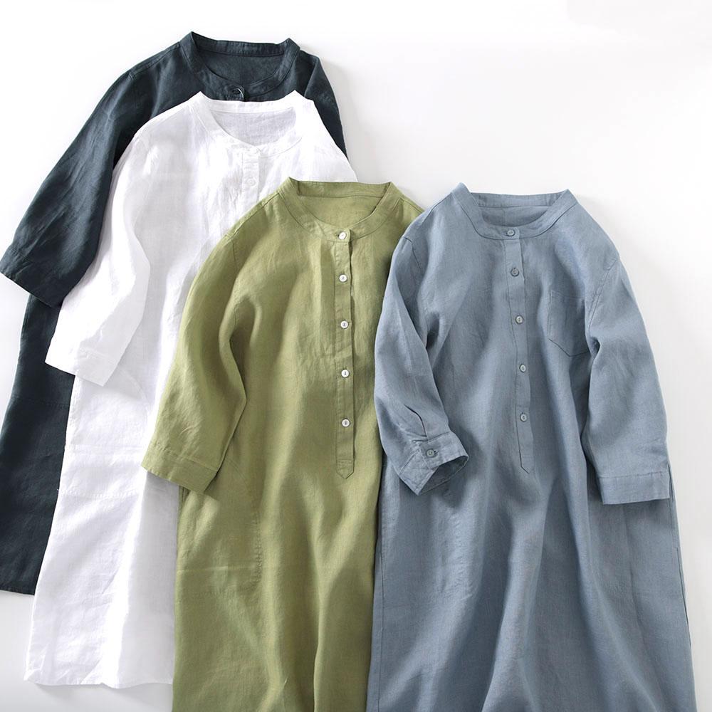 Casual Loose Linen Shirt Dress - Outlet Japanischer Stil Leinen-Hemdkleid Damen Lässiger