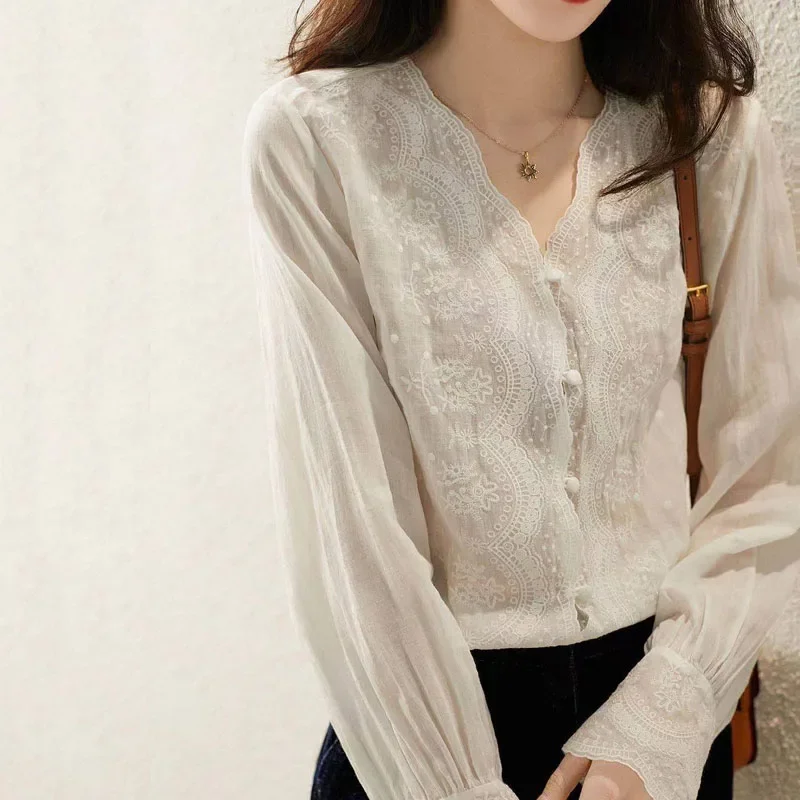 Casual Loose Linen Shirt Dress - GELITAYIN V-ausschnitt Langarm Leinen Bluse Herbst