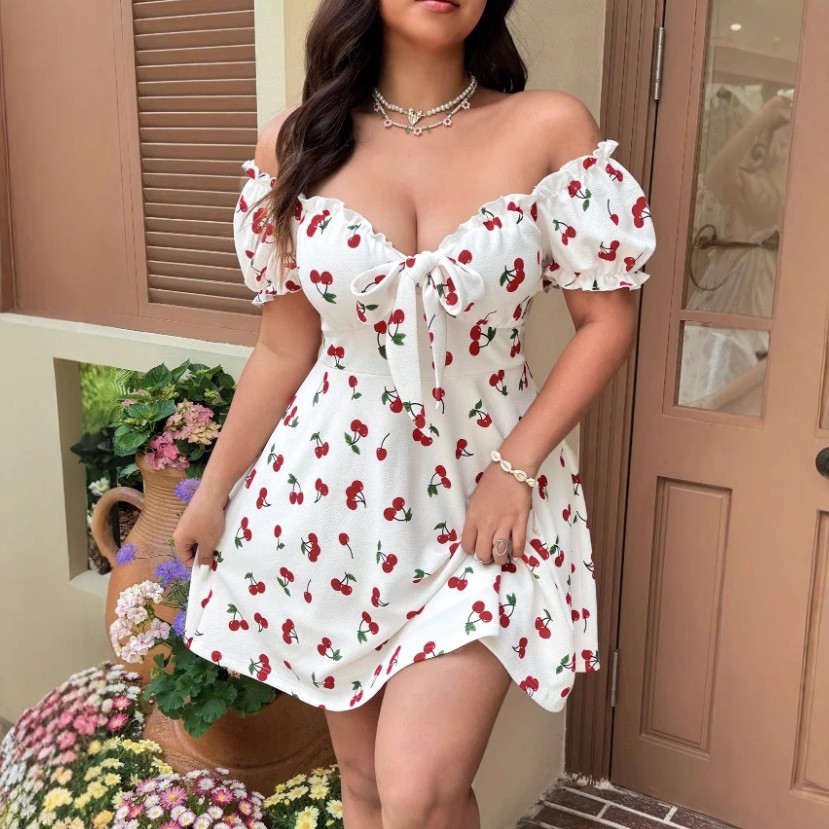 Off Shoulder Puff Sleeve Sundress - Sommerkleid für Damen, schulterfreies Kleid mit