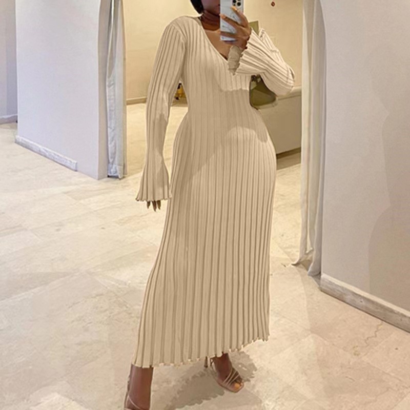 Bodycon Long Sleeve Ribbed Dress - Frau Herbst V-ausschnitt Stricken Rock Mode