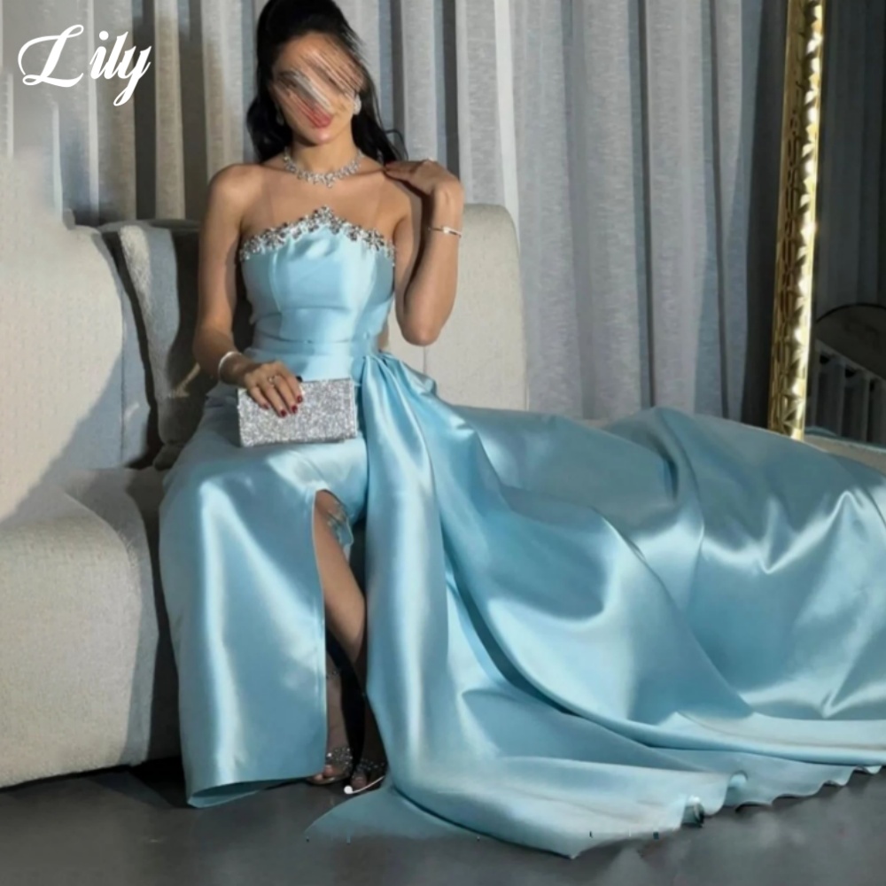 Lilienblaues, elegantes formel – Elegant Satin Evening Gown Split Bewertung und Preis