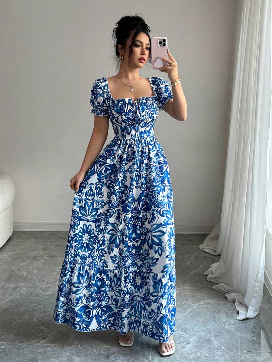 Elegantes blaues Blumenprint-K – French Vintage Floral Midi Dress Bewertung und Preis