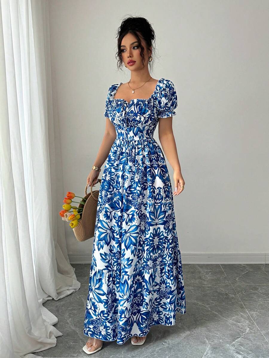 Elegantes blaues Blumenprint-K – French Vintage Floral Midi Dress Bewertung und Preis