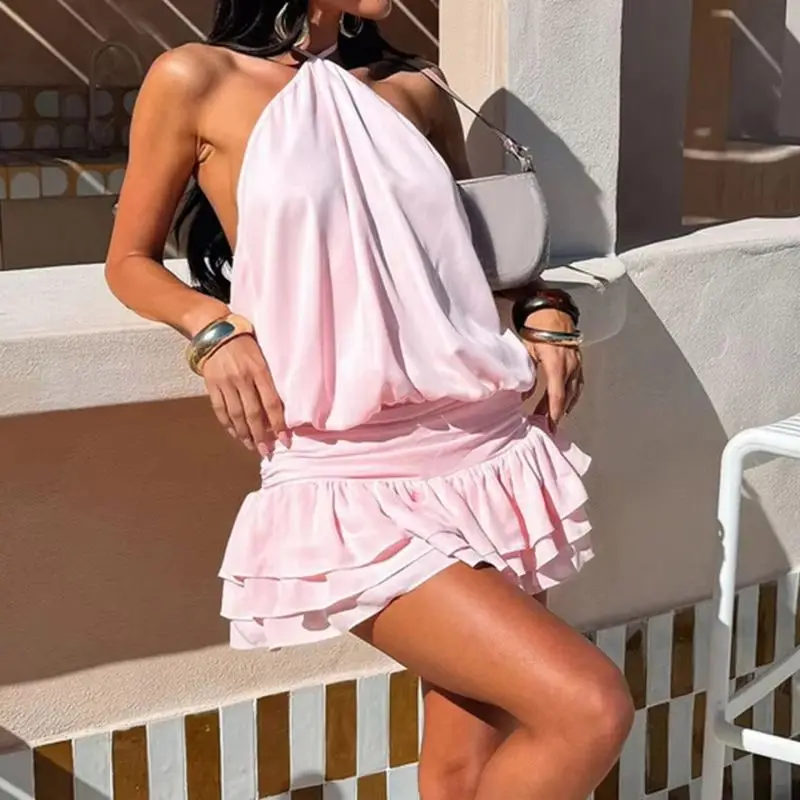 Verband Solide Elegante Halter – Y2K Backless Halter Mini Dress Bewertung und Preis