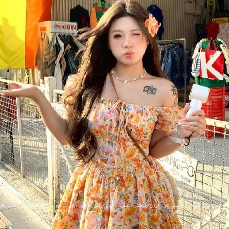 Bestseller Orange Blumenmuster – Off Shoulder Puff Sleeve Sundress Bewertung und Preis