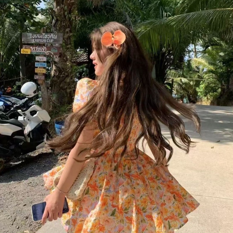 Bestseller Orange Blumenmuster – Off Shoulder Puff Sleeve Sundress Bewertung und Preis